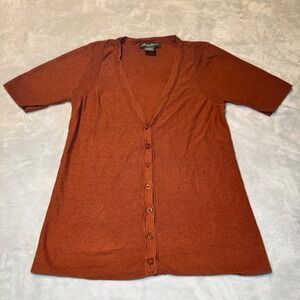 Eddie Bauer Women's Rust Orange Linen Cotton Short Sleeve V-Neck Cardigan Small